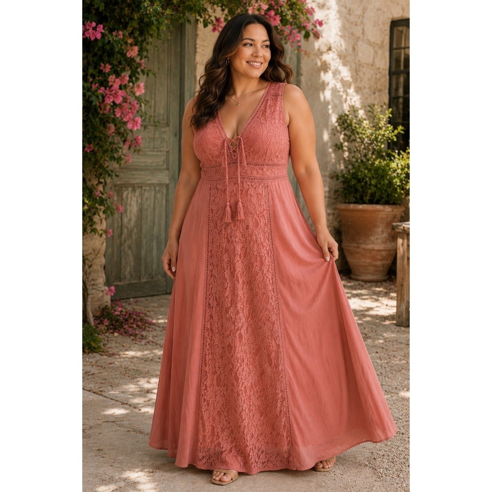 Altered‎ State Coral Peach Maxi Lace Dress Size Large Boho